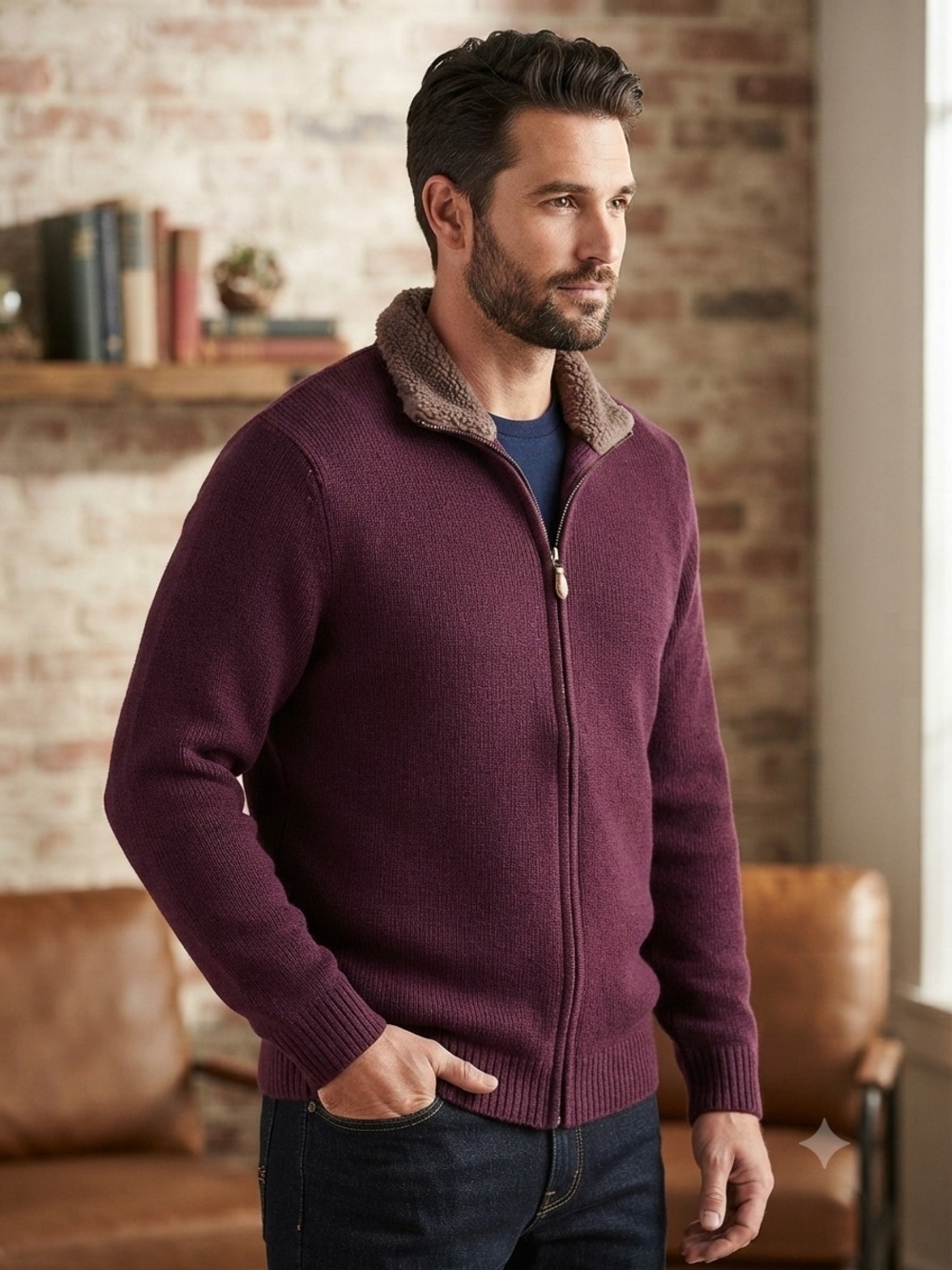 Men's Zip-Up Sherpa Collar Sweater in Burgundy